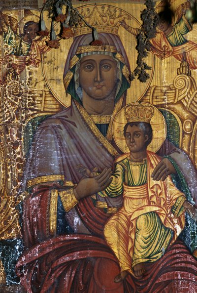 Madonna og barn, forgyldt maleri, den byzantinske kirke i Agios Georgios, Vathi, Kreta, Grækenland (foto) af Unbekannt Unbekannt