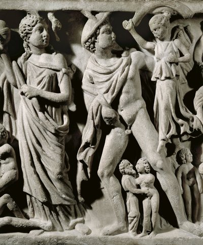 Marmorsarkofag, Relief, der skildrer Prometheus-myten, Detalje, Hermes og en af Parcae eller Skæbner, Fra Arles af Unbekannt Unbekannt