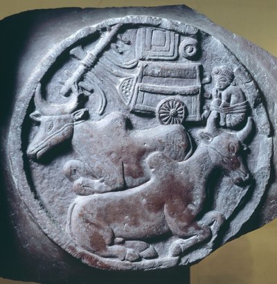 Medaljon dekoreret i relief fra balustrade af Stupa af Bharhut, buddhistisk monument, Madhya Pradesh, Indien, indisk civilisation, 2. århundrede f.Kr. af Unbekannt Unbekannt