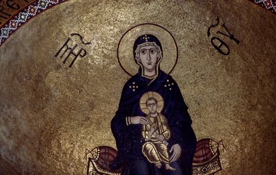 Mosaik af Jomfru Maria fra Hosios Loukas-klosteret, Grækenland, grundlagt i begyndelsen af det 10. århundrede af Unbekannt Unbekannt
