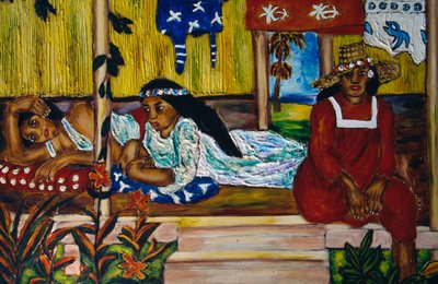 Polynesiske kvinder, farvet glasvindue, Moorea Island, Society Islands, Fransk Polynesien, den franske republiks oversøiske territorium af Unbekannt Unbekannt