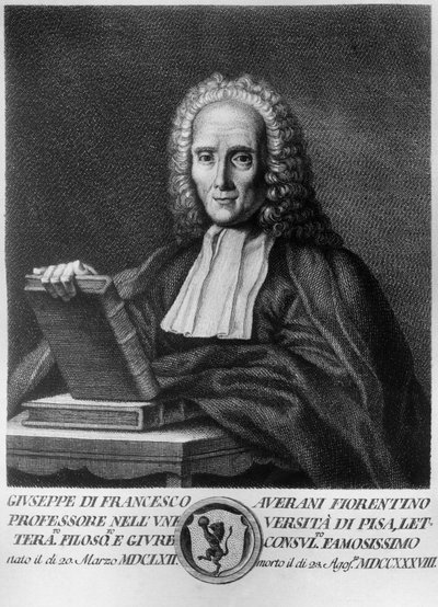 Portræt af Giuseppe Averani, kendt som Averanus (1662-1738), italiensk jurist og naturforsker, radering fra Serie af portrætter af berømte toscanske mænd, udgivet af Allegrini af Unbekannt Unbekannt