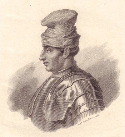 Portræt af den italienske militærleder Niccolo Fortebraccio også kendt som della Stella (1389-1435), kobberstik af Caterina Piotti-Pirola af Unbekannt Unbekannt