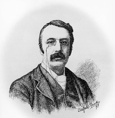 Portræt af Sir Charles Villiers Stanford (1852-1924), irsk komponist og dirigent, gravering efter tegning af Dorofield Hardy (1853-1937) af Unbekannt Unbekannt
