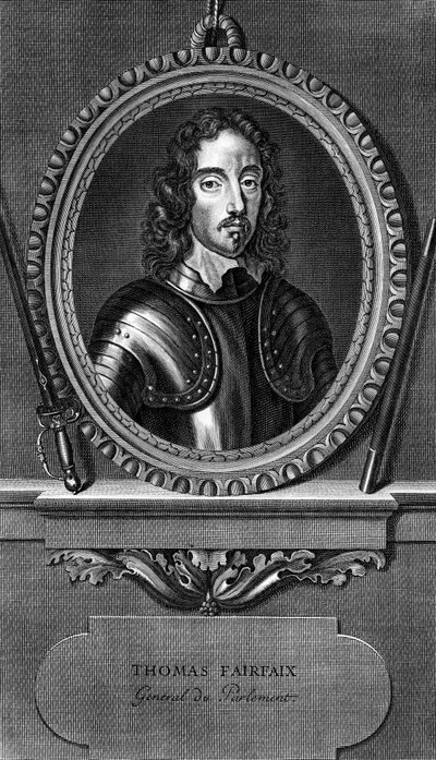 Portræt af Thomas Fairfax, 3. Lord Fairfax af Cameron (1612-1671), engelsk general og parlamentarisk øverstkommanderende under den engelske borgerkrig, gravering af Unbekannt Unbekannt