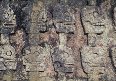 Relief af menneskelige kranier, detaljer af Tzompantli eller kraniemuren, det arkæologiske sted Chichen Itza (UNESCOs verdensarvssted af Unbekannt Unbekannt