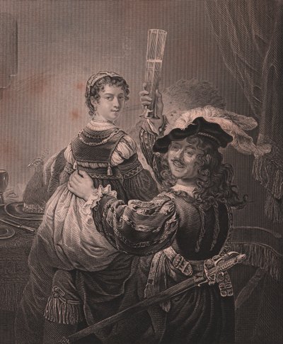 Rembrandt med sin kone Saskia, gravering H Payne fra maleri af Rembrandt, fra Paynes Royal Dresden Gallery, af Albert Henry Payne, H Payne Dresden og Leipzig Publisher, ca. 1840 af Unbekannt Unbekannt