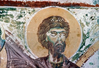 Saint, detalje fra fresco i kirken Agios Georgios, Mourne, Kreta, Grækenland (foto) af Unbekannt Unbekannt