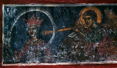Helgen der spiller på horn, fresko i Agios Ioannis Prodromos kirken, Margarites, Kreta, Grækenland (foto) af Unbekannt Unbekannt