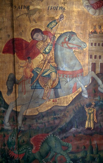St George og Dragon, detalje af træpanel i kirken Agia Paraskevi, Anisaraki, Kreta, Grækenland (foto) af Unbekannt Unbekannt