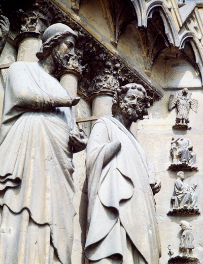 Statue af apostel, detalje af syddøren til katedralen Notre-Dame (UNESCOs verdensarvsliste af Unbekannt Unbekannt