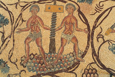 Vinskruepresse, detalje af gulvmosaik med scener fra det daglige liv, Church of Saints Lot og Procopius, Nebo, Khirbet al-Mukhayyat, Jordan, byzantinsk civilisation, 6. århundrede e.Kr. af Unbekannt Unbekannt