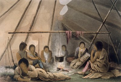 Interiør af et Cree indianertelt, 1824 af Lieutenant Hood