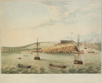 Angreb på Fort Oswego, Lake Ontario, N. Amerika. 6. maj 1814, middag, og stormende Fort Oswego af Anden Bataljon Royal Marines og en gruppe sømænd, 15 m over tolv ved middagstid, indgraveret af R. Havell, 1815 af Lieutenant J. Hewitt