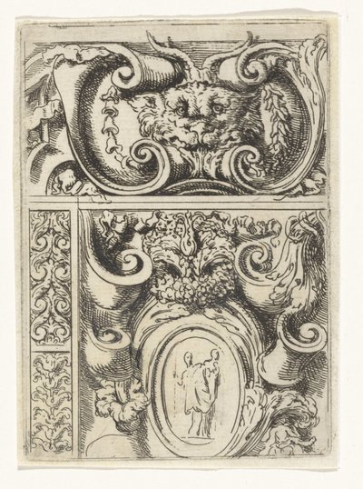 Cartouche med dyrehoved og under en cartouche med Madonna med barn Divertimenti di Livio Meus (serietitel) af Lieven Mehus