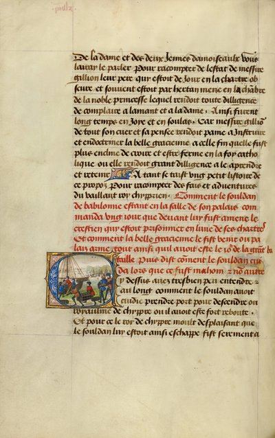 Initial C: Tropper læsser proviant på et skib af Lieven van Lathem