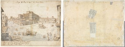 Atten udsigter over Rom: Piazza Barberini (recto); Sporing af en springvand fra Recto og skitser af to ansigter (verso) af Lievin Cruyl