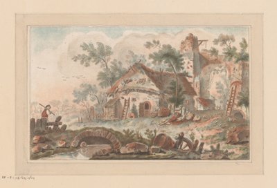 Hus foran en faldefærdig byport, med en mand på en bro i forgrunden af Liger (attributed to)