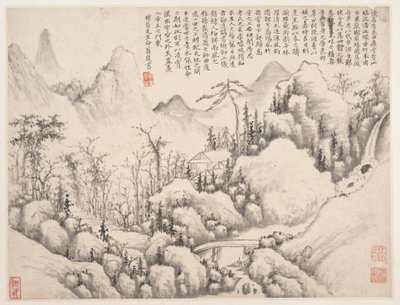 Mountain Retreat, blad fra Album for Zhou Lianggong, dateret til 1654-55 (blad fra et kollektivt album med mange blade; blæk og farve på papir) af Lin Shi