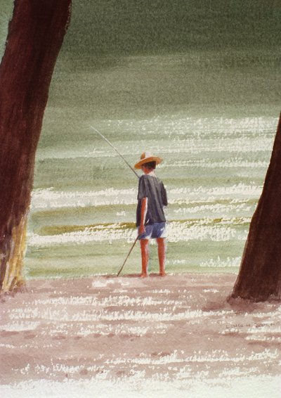 Henry Fishing, 1990 (akryl på papir) af Lincoln Seligman