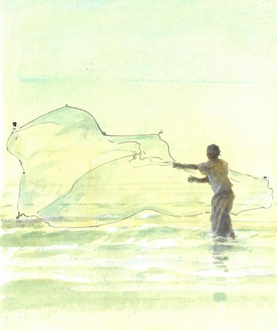 Lone Fisherman 2, 2015 (pen og blæk med wc på papir) af Lincoln Seligman
