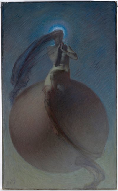 ""La quete"" (The Quest) Drømmelignende repræsentation, kvindelig silhuet placeret på en globus - Maleri af Lindsay Bernard Hall (1859-1935) ca. 1905 - Olie på lærred Dim 154x94,5 cm National Gallery of Australia, Canberra af Lindsay Bernard Hall