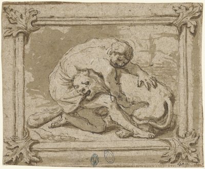 Hercules kæmper mod Nemean-løven af Lionello Spada
