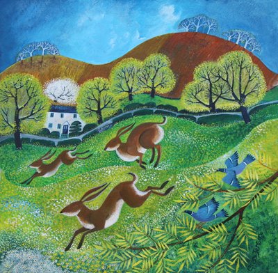 Springtime Hares, 2025 (akryl på linned) af Lisa Graa Jensen