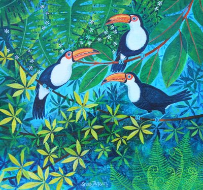 Toucan Threesome, 2024 (akryl på linned) af Lisa Graa Jensen