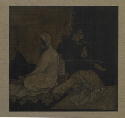 Bodhidharma mediterer, med nedslidt ledsager, Qing-dynastiet, c.1708 blæk og farve på silke af Liu Hualiang