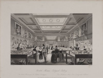 Udsigt over Zoological Gallery, British Museum, der viser besøgende, der ser på udstillinger, ca. 1850 (gravering) af Llewellyn (after) Jewitt