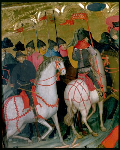 Beredne soldater, detalje fra Jomfruens og St. Georges altertavle, ca. 1390-1400 (tempera på panel) af Lluís Borrassà