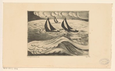 Tre sejlskibe på havet under en storm La Tempête (original titel) af Lodewijk Schelfhout (signed by artist)
