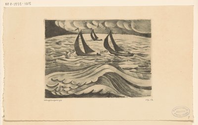Tre sejlskibe på havet under en storm La Tempête (original titel) af Lodewijk Schelfhout (signed by artist)