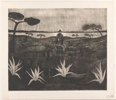 Hyrde med en flok får i et bakket landskab Le Troupeau (original titel) af Lodewijk Schelfhout (signed by artist)