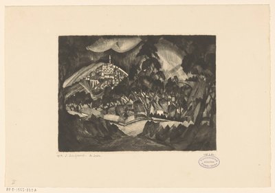 Bakket landskab med træer og bygninger Le Soir (original titel på objekt) af Lodewijk Schelfhout (signed by artist)