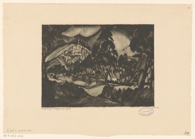 Bakket landskab med træer og bygninger Le Soir (original titel på objekt) af Lodewijk Schelfhout (signed by artist)