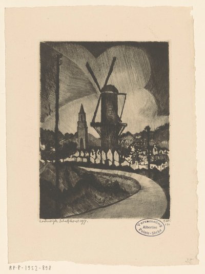 Bakket landskab med mølle Le Moulin (original titel) af Lodewijk Schelfhout (signed by artist)