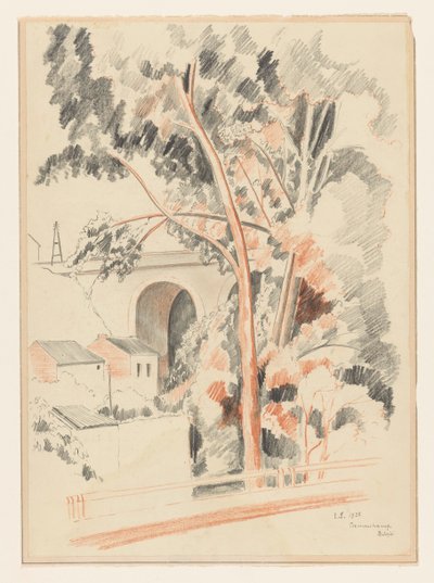 Huse og træer under en viadukt i Remouchamps af Lodewijk Schelfhout (signed by artist)