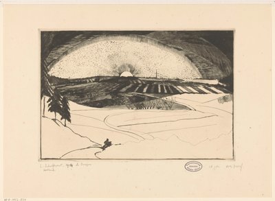 Opgående eller nedgående sol over et bakket landskab La Bruyere (original titel på objektet) af Lodewijk Schelfhout (signed by artist)