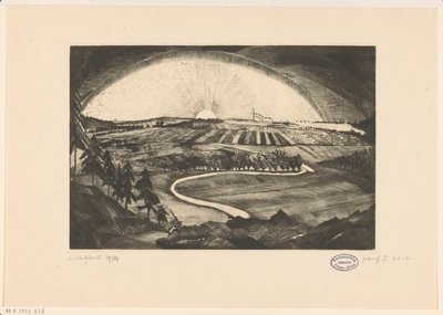 Opgående eller nedgående sol over et bakket landskab La Bruyere (original titel på objektet) af Lodewijk Schelfhout (signed by artist)