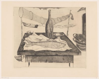 Stilleben med fisk, flaske og fiskenet Après la pêche (original titel) af Lodewijk Schelfhout (signed by artist)