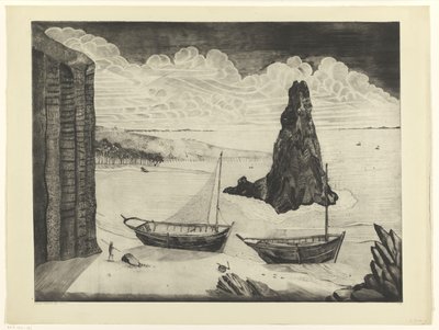 To fortøjede skibe på en strand Le Rocher (original titel) af Lodewijk Schelfhout (signed by artist)