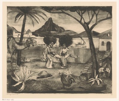 To mænd bærer en mand i en have af Lodewijk Schelfhout (signed by artist)