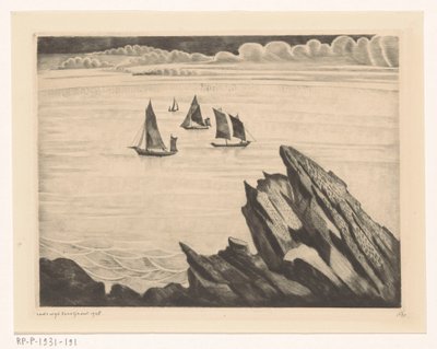Sejlskibe ud for den bretonske kyst Un soir en Brittany (original titel) af Lodewijk Schelfhout (signed by artist)