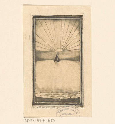 Sejlskib på havet ved opgående eller nedgående sol af Lodewijk Schelfhout (signed by artist)