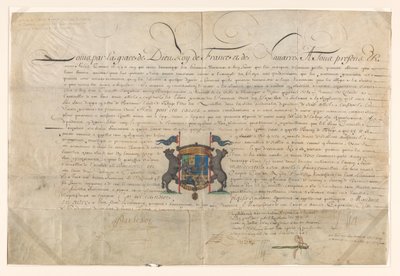 Diplom, hvor Ludvig XIV ophøjede Cornelis Lampsins til baron af Tobago og ridder af St. Michels orden af Lodewijk XIV (koning van Frankrijk) (signed by artist)
