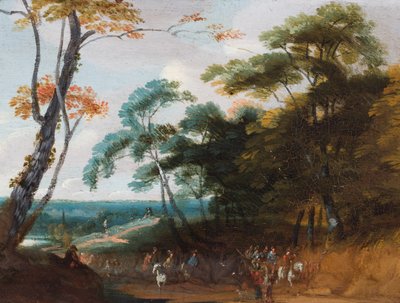 Rejsende i et skovlandskab (olie på panel) af Lodewijk de (follower of) Vadder