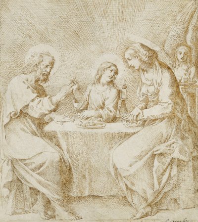 Spædbarnet Kristus, Jomfruen og Sankt Joseph sidder ved et bord med deltagelse af en engel, af Lodovico Carracci