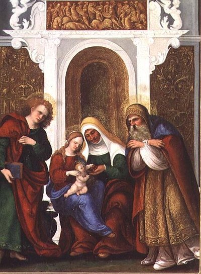 Madonna og barn med SS. Anne, evangelisten Johannes og Zacharias eller Madonna og kirken St.Anne (panel) af Lodovico Mazzolino